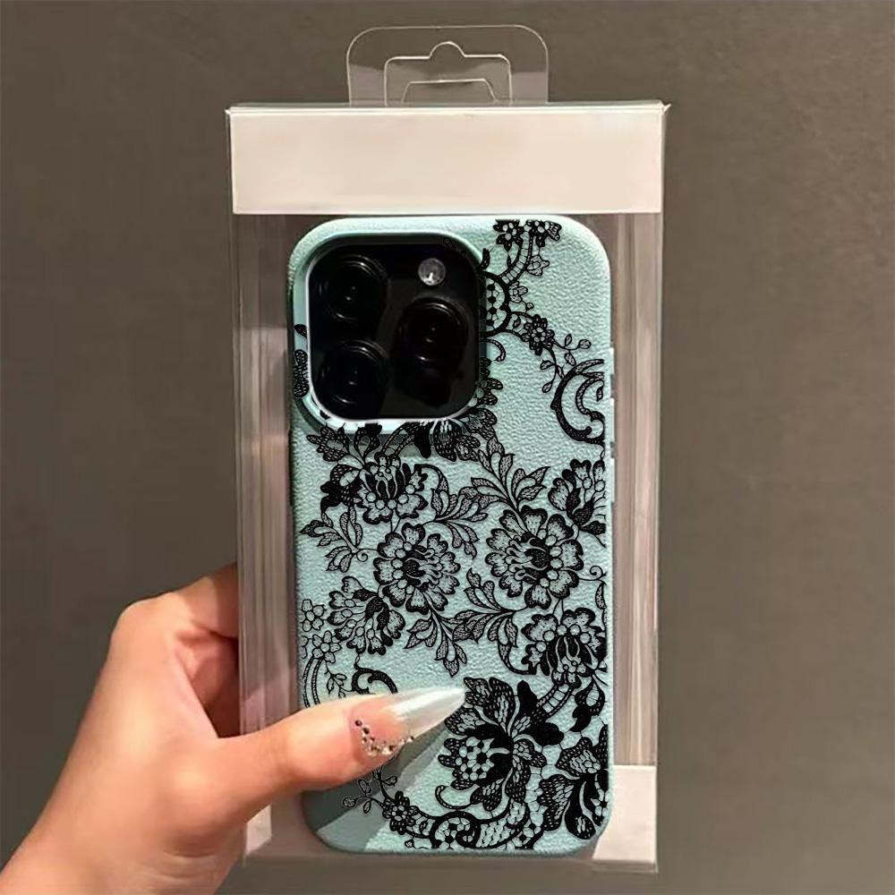 Lychee Grain Phone Case For iPhone 17 17Air 16 15 14 13 12 11 Pro Max 15 16 Plus Simple black flower Silicone Soft Cover Funda iPhone 16