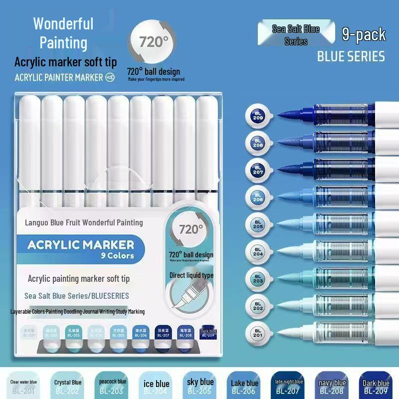 Stackable Blue Liquid Acrylic Soft Tip Marker Set for School Graffiti & Watercolor Drawing