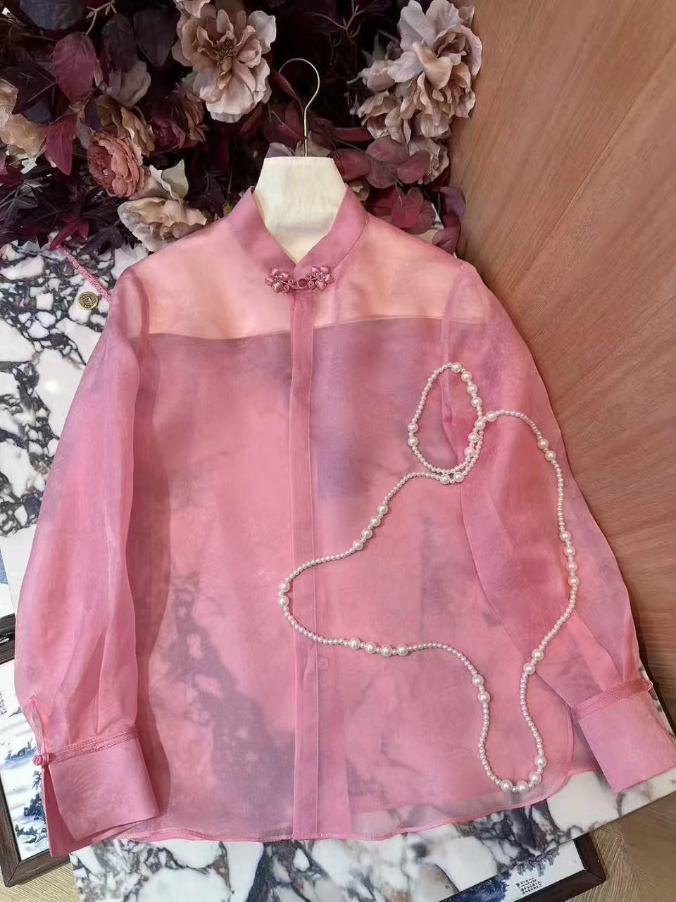 

Women s Chinese-Style Silk Organza Buckle Shirt - Slightly Sheer Long Sleeve Top Large рожевий