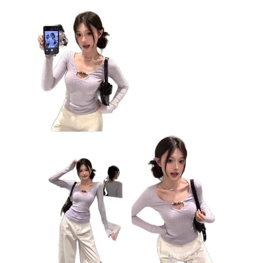 Korean Design Slimming Beaded Long Sleeve Women's Top - Spring 2025 Collection