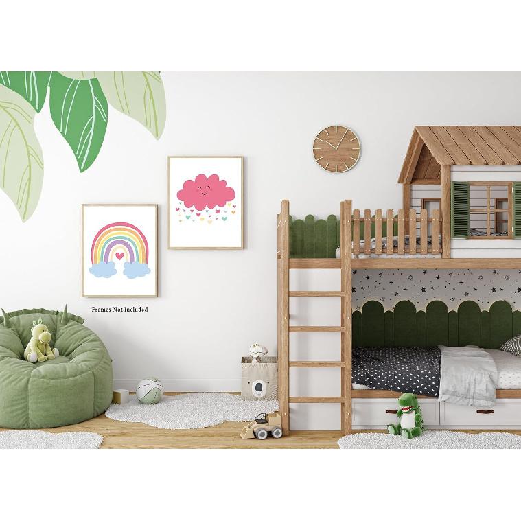 Pink Nursery Canvas Wall Art Rainbow Art Poster,Boho Rainbow Sun Hearts Canvas Wall Art,Kids Bedroom Baby Girls Toddler Pastel Wall Print for