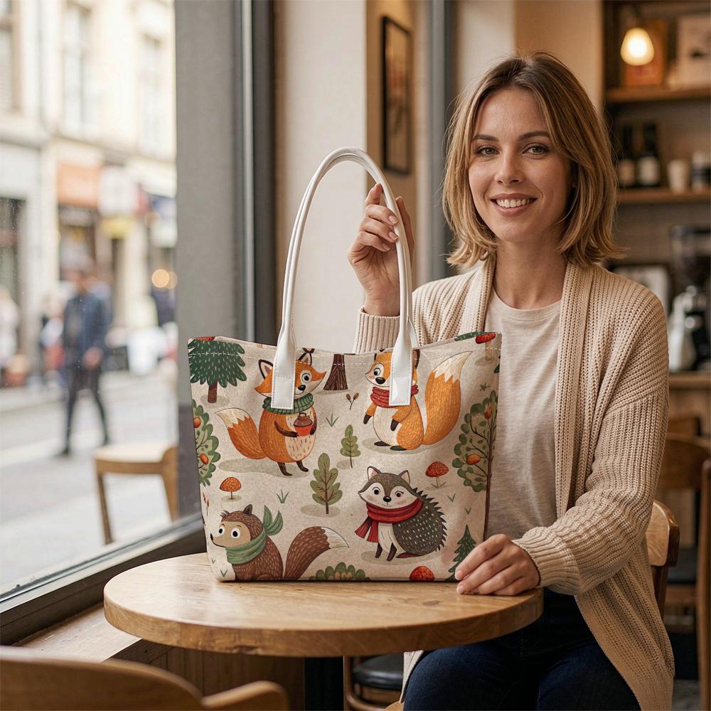 Cute Forest Animal Printed Shoulder Tote Bag Casual Lightweight Portable Daily Use Shopping Handbag
