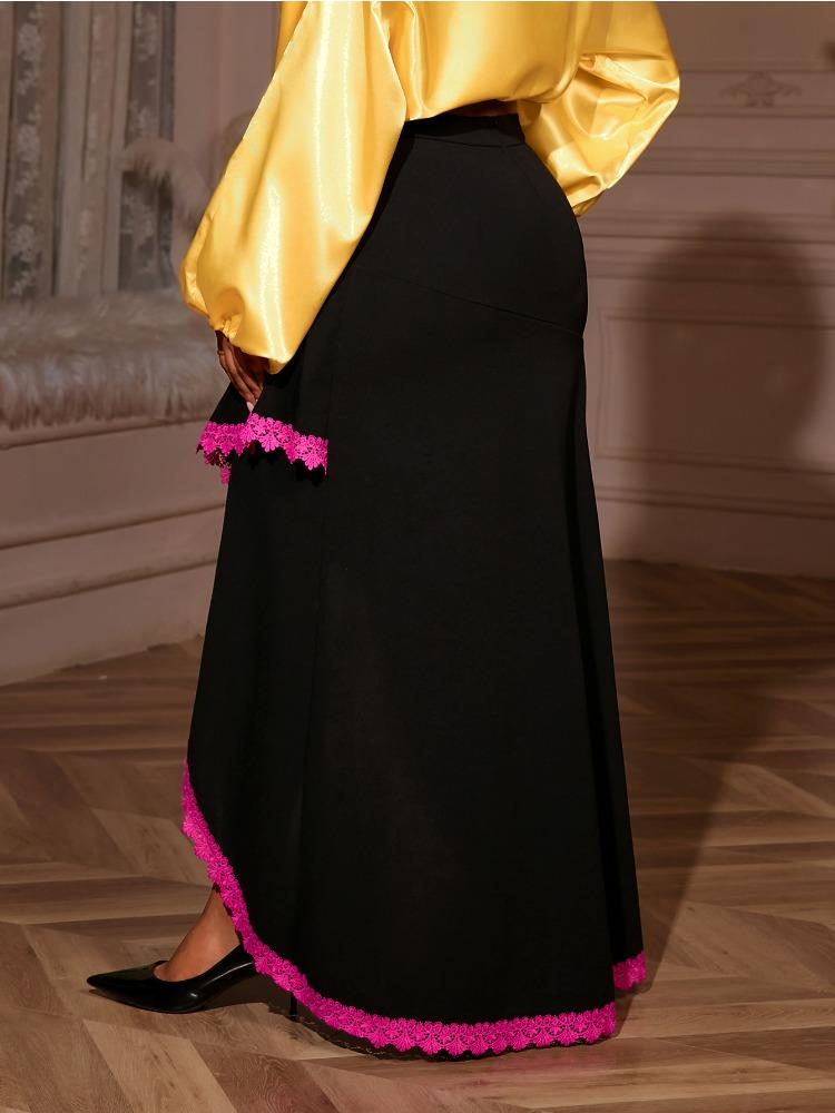 Elegant Women Color Block Asymmetrical Lace Edge Long Skirt High Waist Side Split A Line Fashion Evening Christmas Party Cocktail Outfit