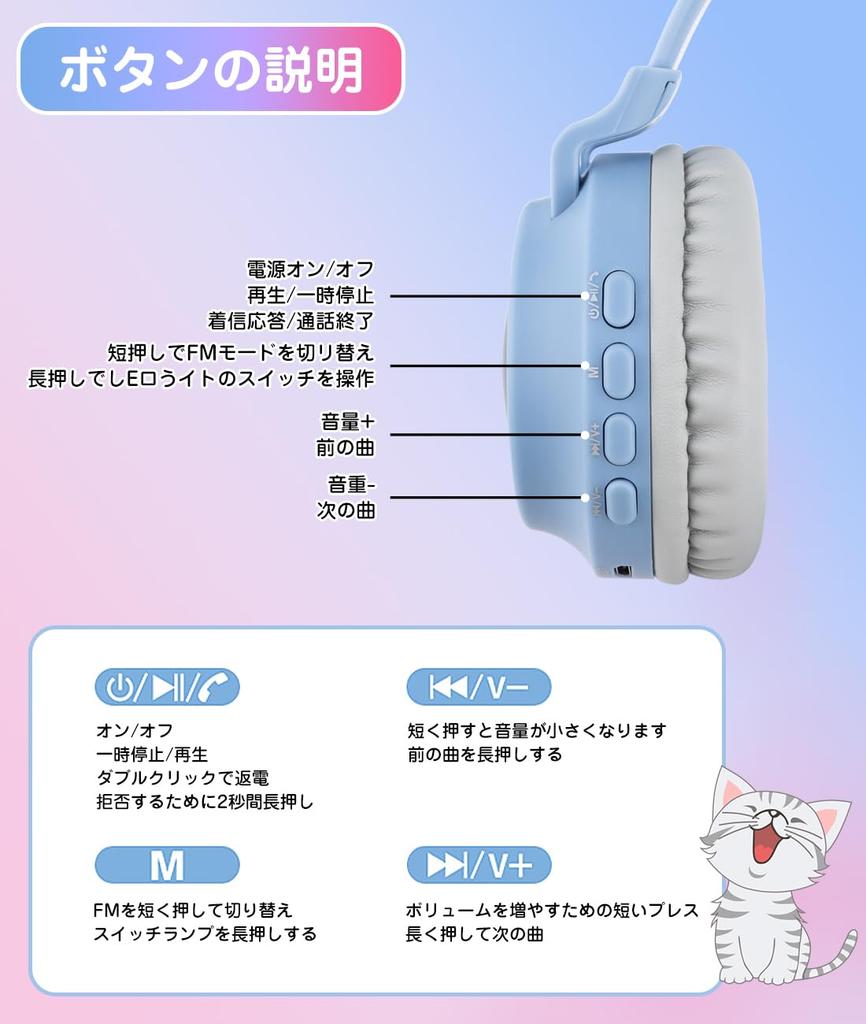 Cat Ear Headphones, Wireless Bluetooth Headphones with Built-in Microphone, Bluetooth 5.0, Foldable, LED-Powered, Rainbow Color Transforming,