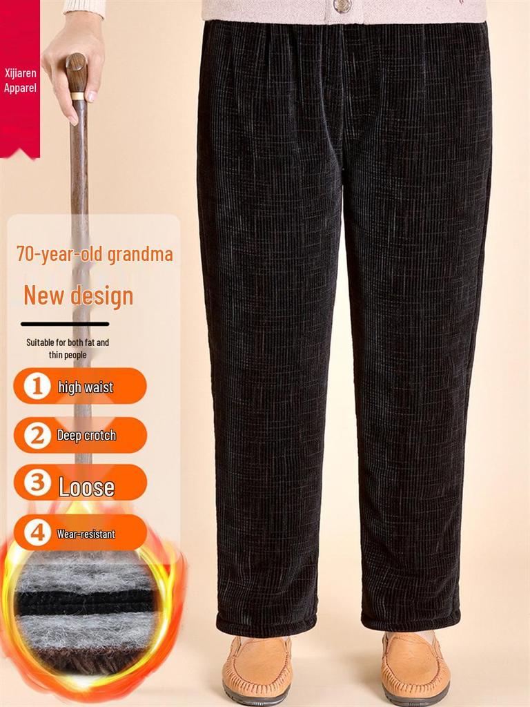 Corduroy Winter Velvet-Lined Trousers for Women - Warm, Straight-Leg, Ideal for Elderly and Middle-Aged.