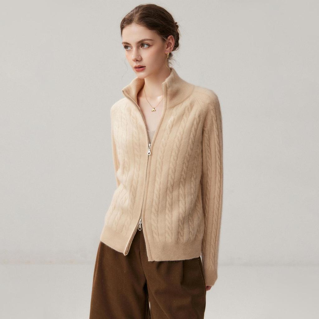 Women's Elegant Cashmere Cable Knit Half-High Neck Zip Cardigan - Autumn/Winter 2026 Collection