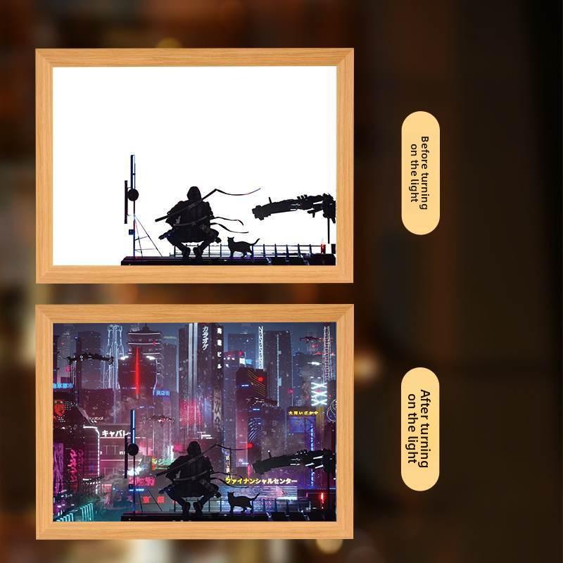 23cm/9.06in Cyberpunk Light Painting Urban Street View Game Peripherals 3D Night Lamp Table Gifts Party Supplies Room Decoration