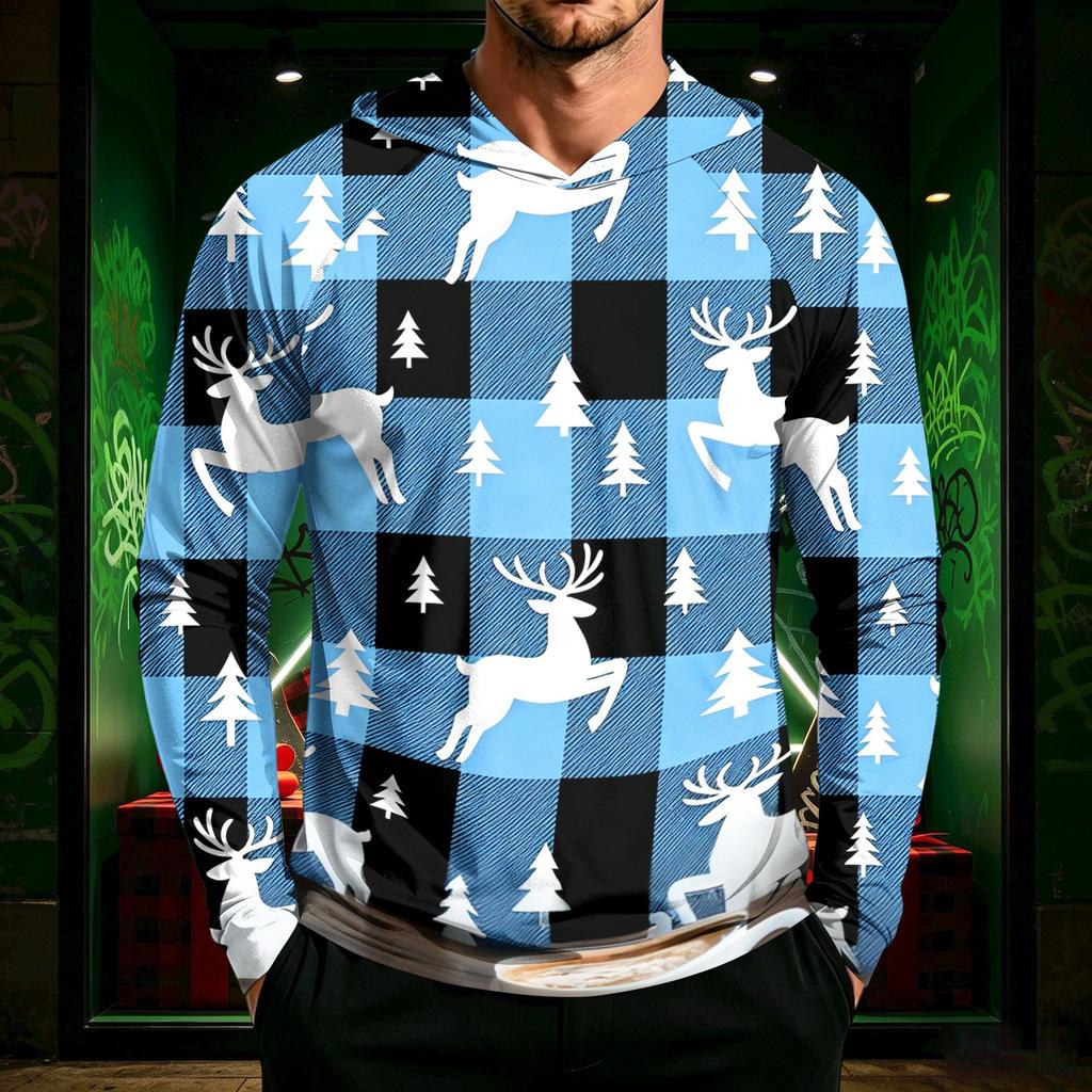 Men's Long Sleeve Hooded Sun Shirt with Christmas Print