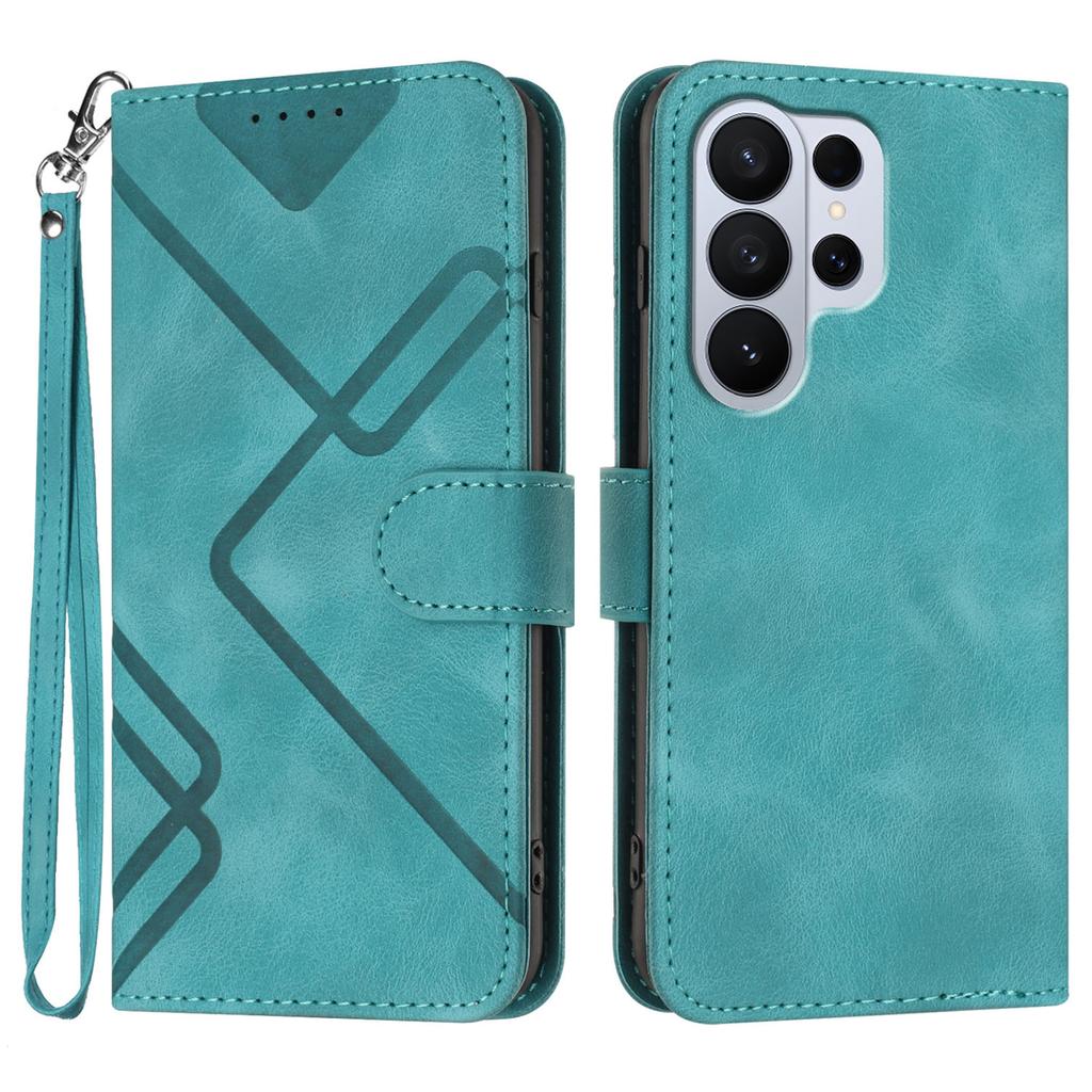 For Samsung Galaxy S26 Ultra Wallet Case Line Imprinted PU Leather Phone Cover with Strap