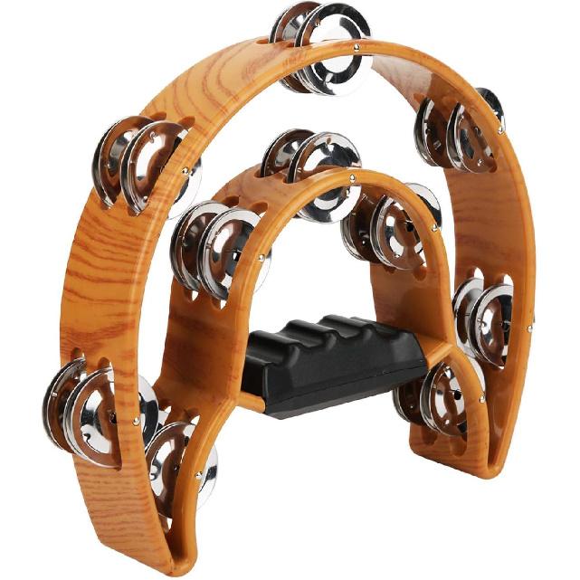 Tambourine, Double Row Metal Jingles Hand Held Percussion Tambourine Half Moon Handbell Musical Instrument with Ergonomic Grip for Adults