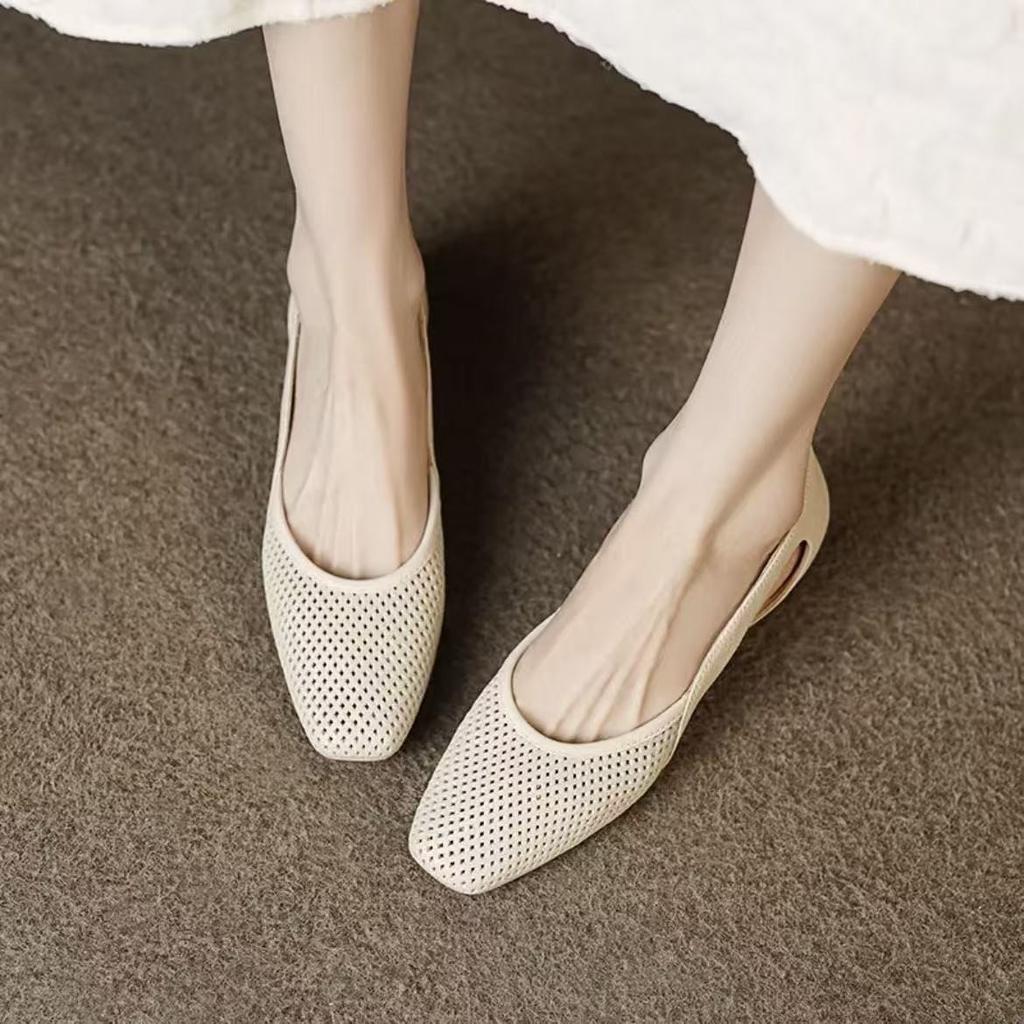 Summer Thick Heel Hollow Sandals for Women French Style Single Leather Shoes