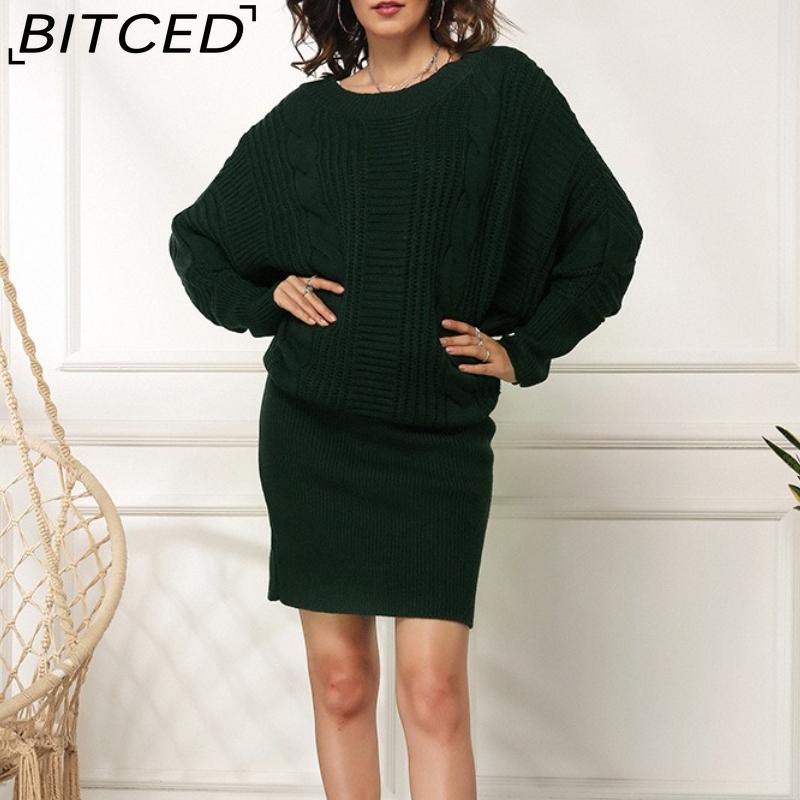 BITCED Autumn/Winter Plus Size Women's Loose Batwing Sleeve Knitted Long Pullover Dress