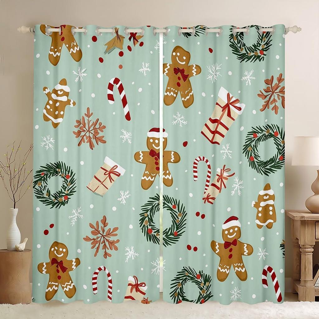Christmas Gingerbread House Curtain Drapes Xmas Snowflake Window Curtains Kawaii Man Pattern Room Darkening Made Of Polyester