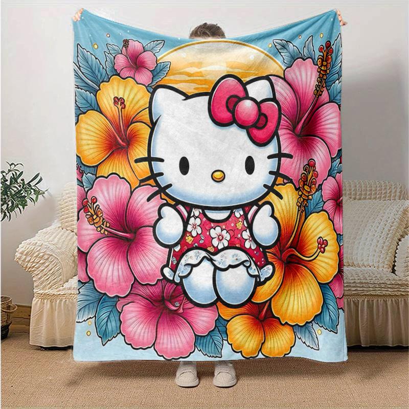 

1pc Hello Kitty in Tropical Paradise Blanket Soft Warm Throw Blankets for Home Decor Gift, Living Room, Travel, Camping, Car Blankets, Beach, Office N 130x150cm