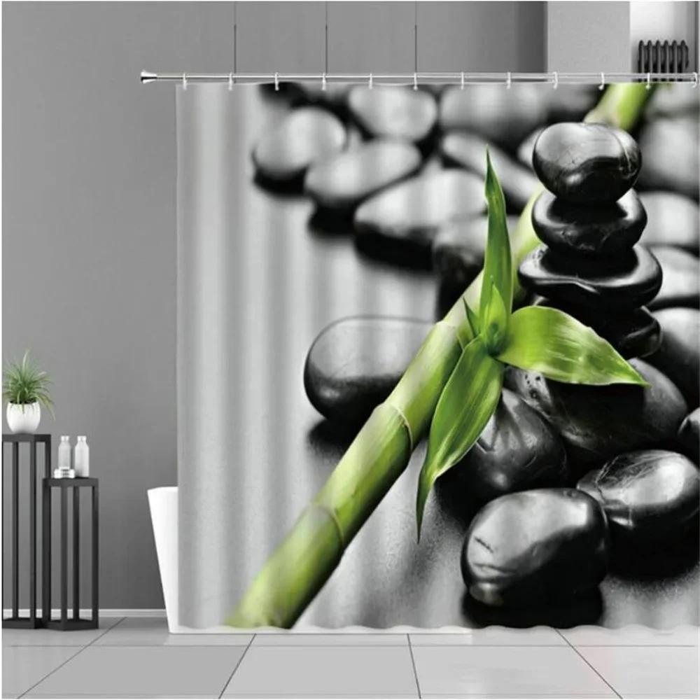 Zen Green Bamboo Shower Curtains Stone Buddha Lotus Candle Asian Japanese Spa Garden Scenery Bath Curtain Fabric Bathroom Decor