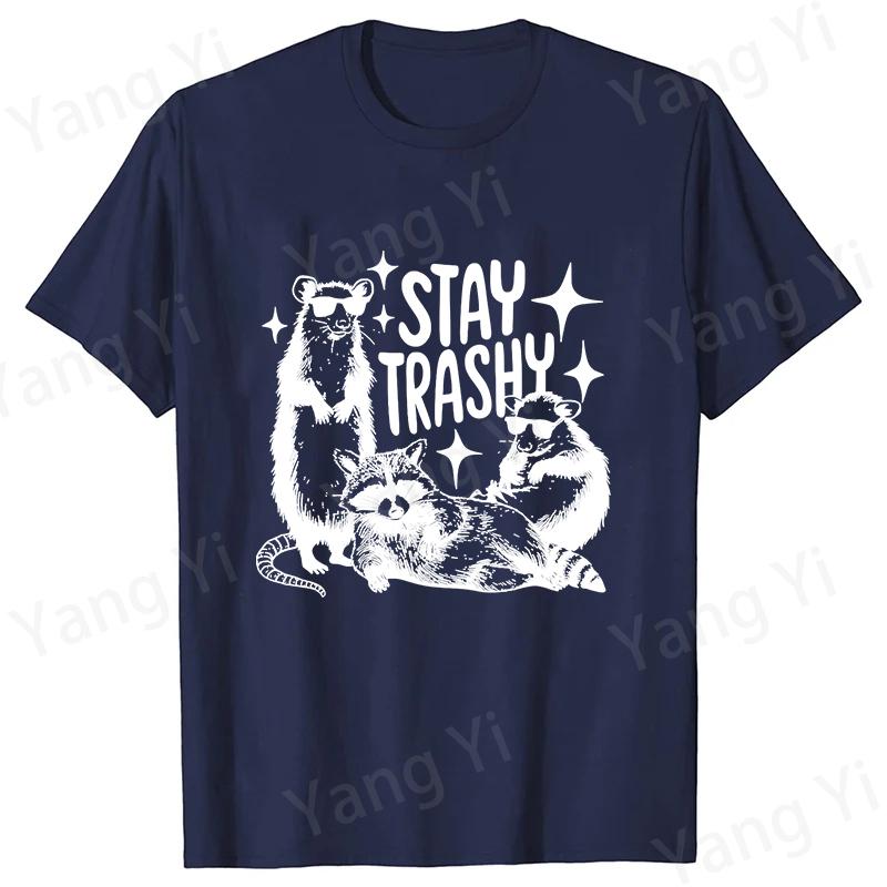 Trashy Letter Printing T-shirt Men Women Fashion Short Sleeve Street Personality Raccoon Opossum Pattern Tees