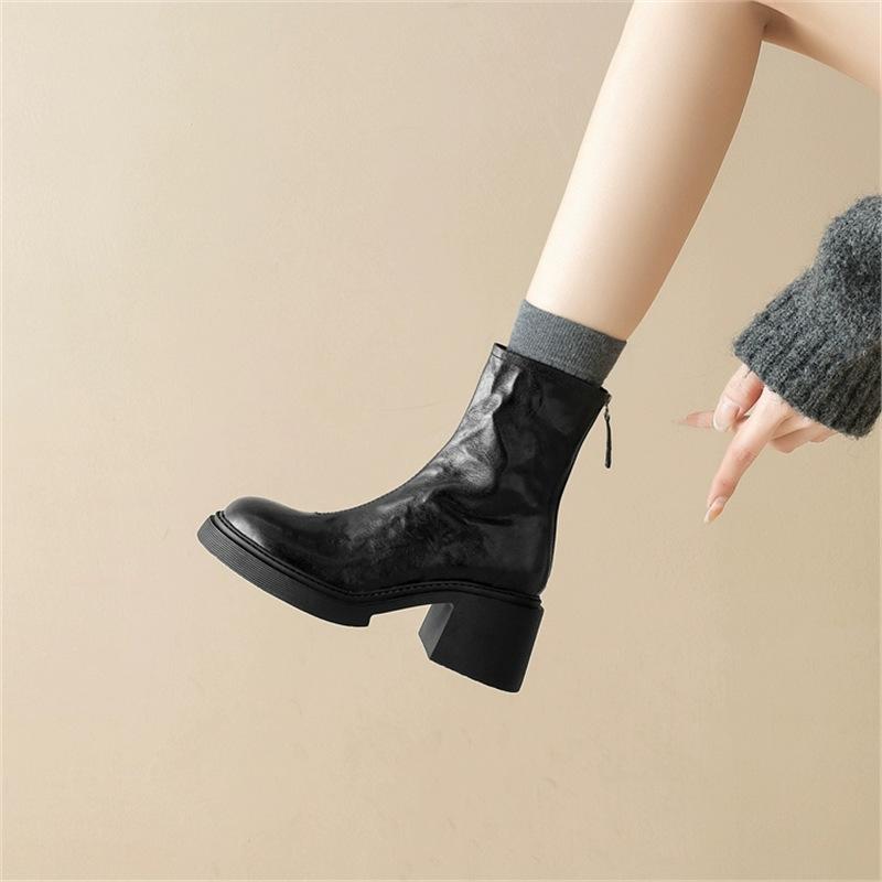 This Season's Strong Push~! Autumn and Winter Thick Heel Round Head Rear Zipper Soft Sole Soft Surface Short Boots 6cm High Heel Martin Boots a