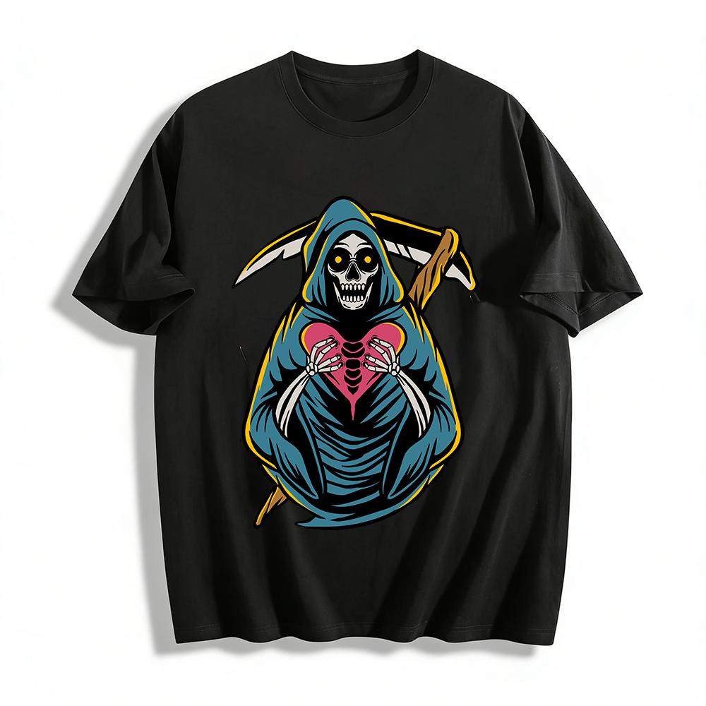

Grim Skull Holding Heart Graphic Cool Casual Loose Fit Top Pure cotton T-shirt XXS