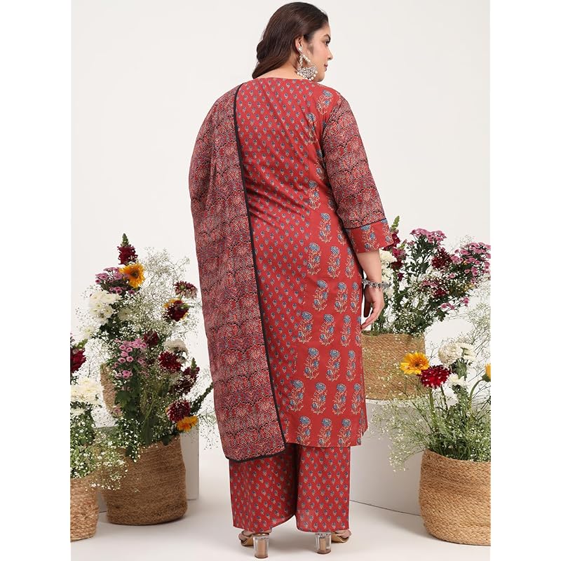 Tissu Donna Plus Cotone Puro Stampato Kurta & Palazzo con Dupatta ( Marrone )