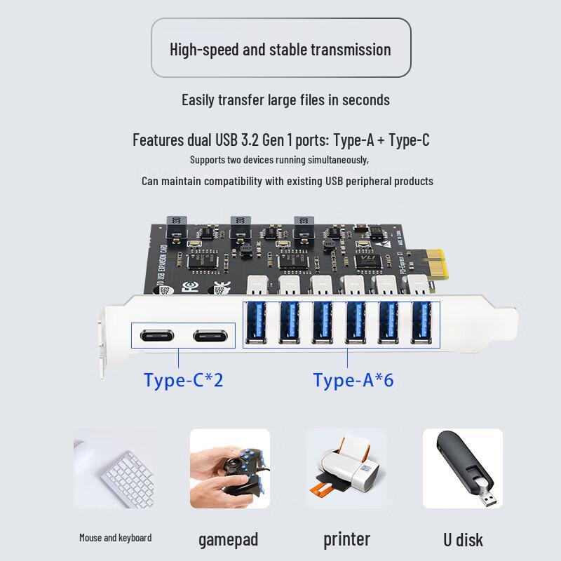 

Qishao 8-Port PCIe USB 3.2 Gen1 Expansion Card