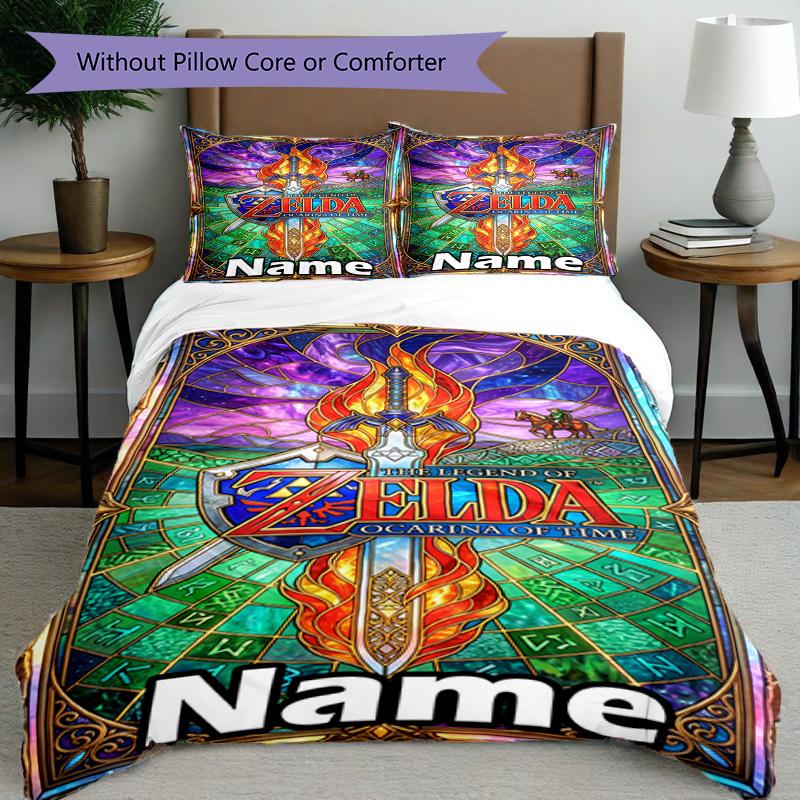 3pcs Duvet Cover Set (1*Duvet Cover + 2*Pillowcase, Without Core), Custom Name The Legend of Zelda Pattern Bedding Set, Home Bedroom Decor Gift