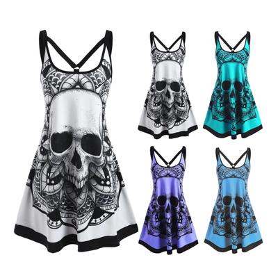 Women's Summer Plus Size Dress Gothic Skull Print Sleeveless Tank Dress Casual Loose Fit Ladies Dress for Vacation Party Club Wear