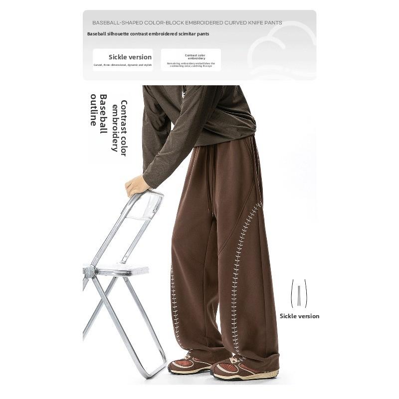 American contrasting color embroidered sports casual pants men's autumn profile scimitar pants retro loose long pants