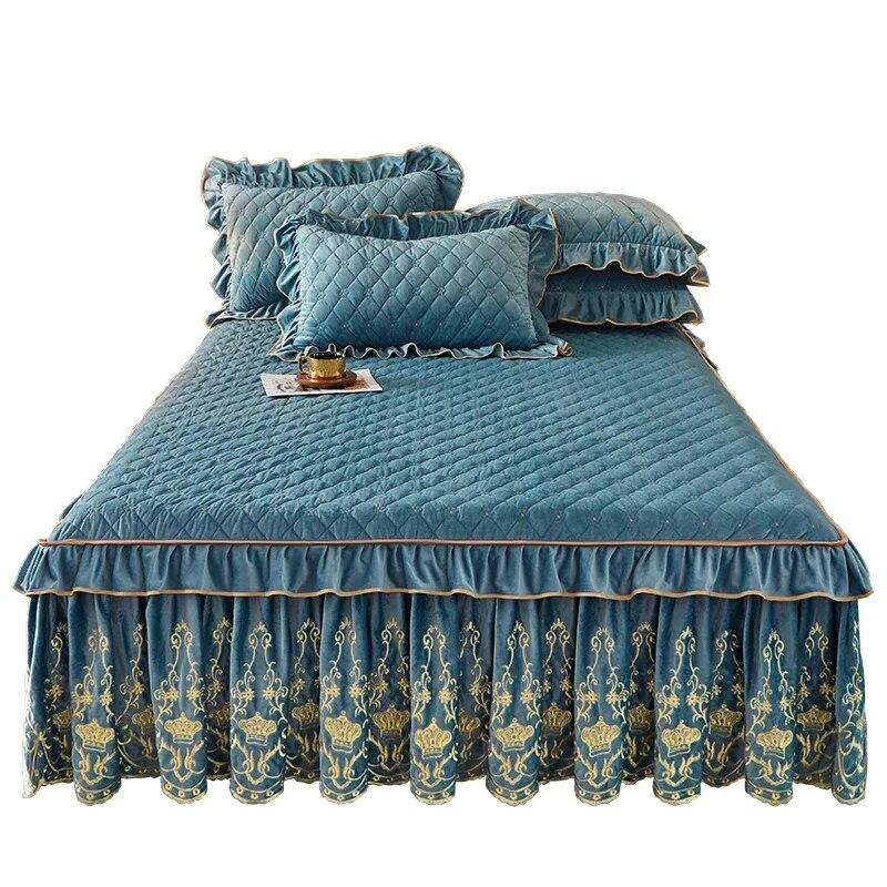 Colcha de cama de veludo europeia king size queen conjunto de luxo bordado saia de cama macia com 2 fronhas dropshipping