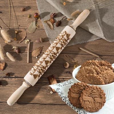 35*5cm Christmas Embossing Rolling Pin Baking Cookies Biscuit Fondant Cake Dough Engraved Wooden Roller Reindeer Elk Snowflake