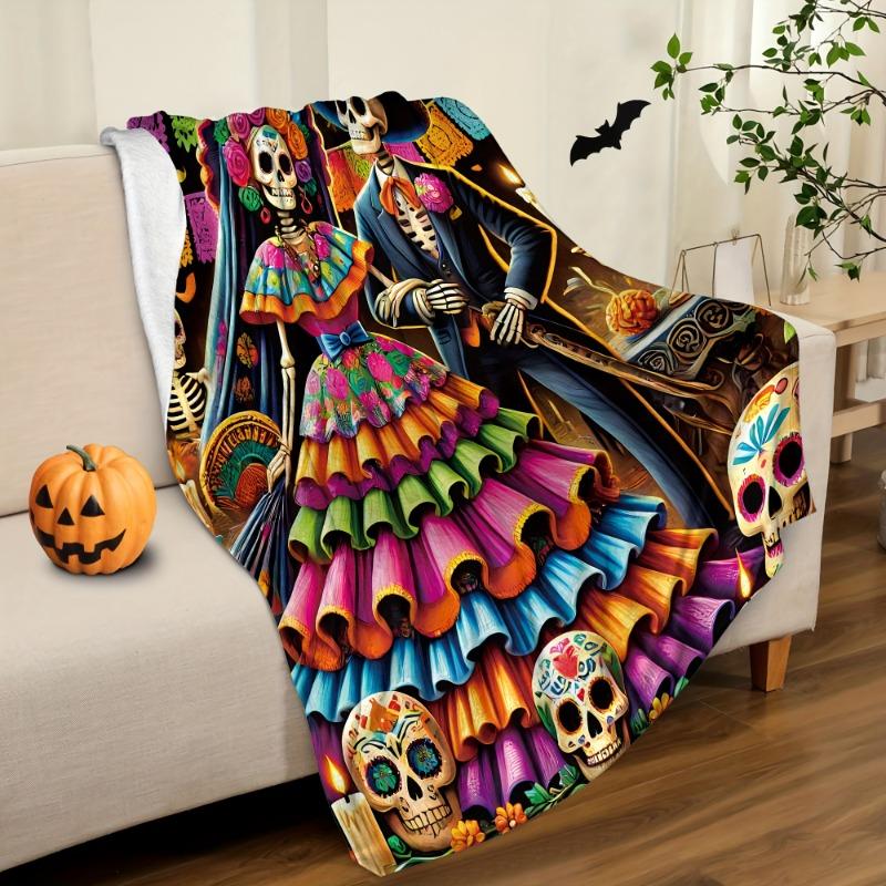 Weiche Flanell-Tagesdecke für den Tag der Toten, lebendiges Orange, Schwarz, Blau, Skelett-Paar, Halloween, Wohnzimmer, Schlafzimmer oder Sofa-Dekoration