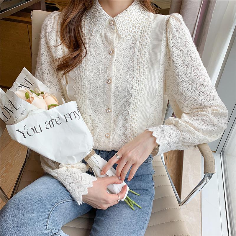 Korean Retro Ruffle Lace Blouse with Peter Pan Collar and Puff Sleeves for Women - Autumn/Winter 2025 Collection