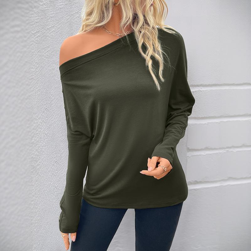Neues Herbstliches Lässiges und Vielseitiges Schräghals-Off-Shoulder Dünnes Langarm-Pullover-T-Shirt für Damen