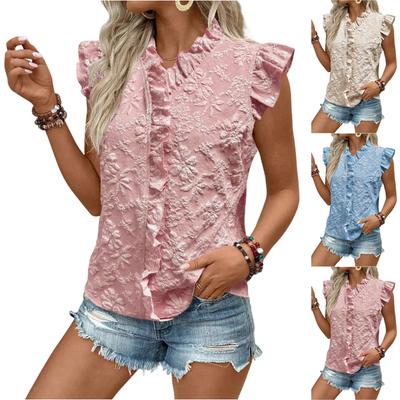 Women's Fashionable Color V-neck Vest With Ruffle Edge Short Sleeved Shirt Top