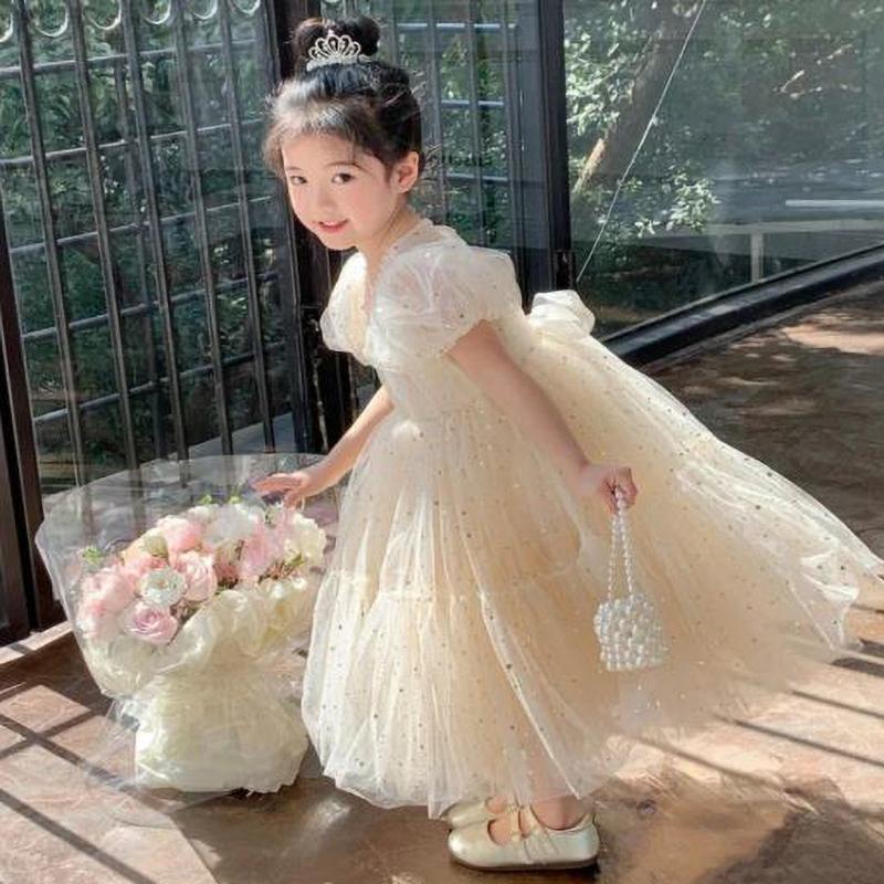 Dress Girls Princess Birthday Party Bow Summer Skirt Baby Girl's Bubble Sleeve Mesh Sequin Sweet Cute