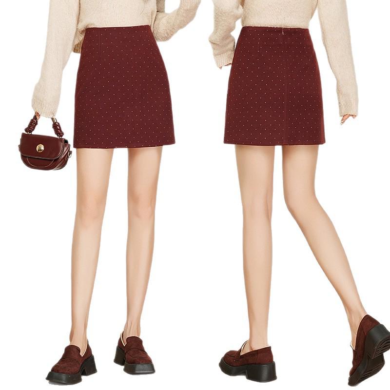 2025 Autumn/Winter High Waist Polka Dot Wool A-Line Skirt