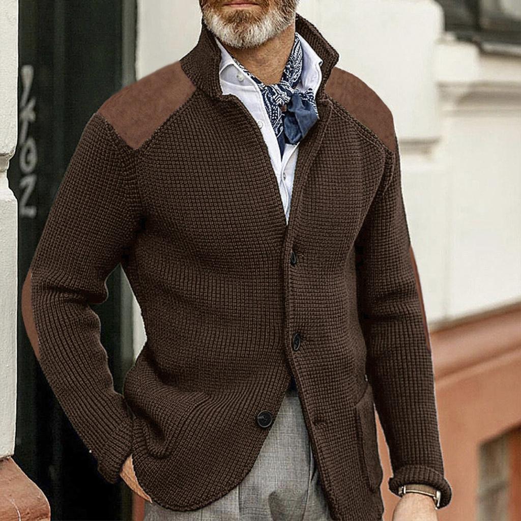 Men's Cardigan Color-Blocked Slim-Fit Stand-Collar Long-Sleeve Knitted Outerwear