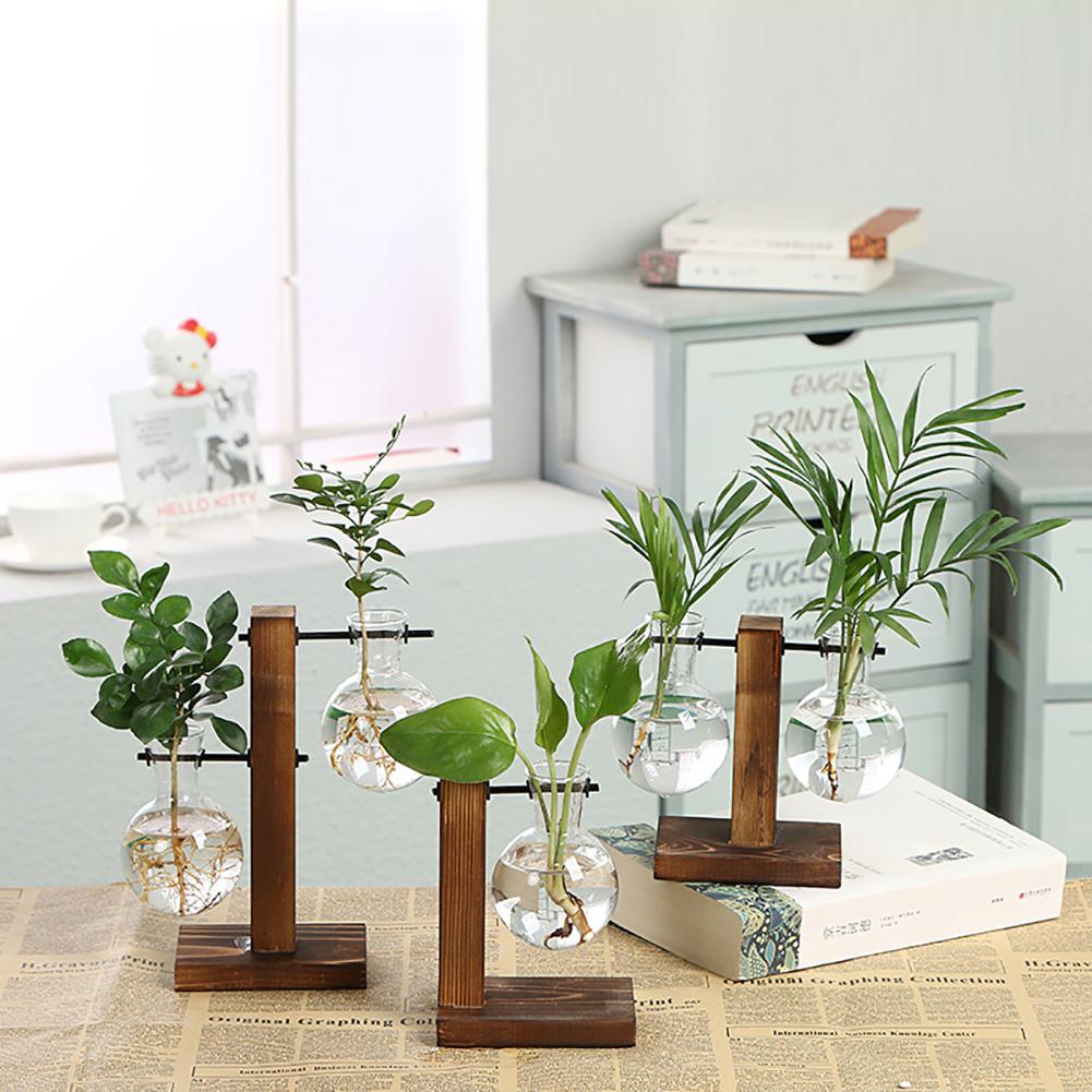 Simple and Creative Glass Vase with Wooden Stand for Hydroponic Cultivation (Type C)