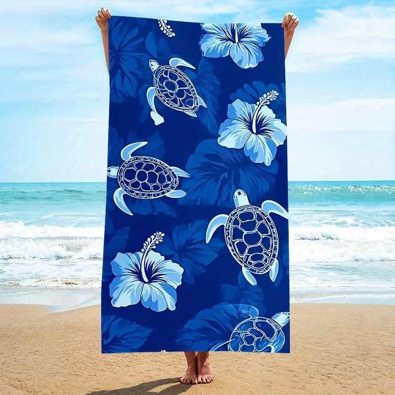 Blue Hibiscus and Turtle Print Microfiber Beach Towel Hawaiian Tropical Design Quick Dry Absorbent Towel