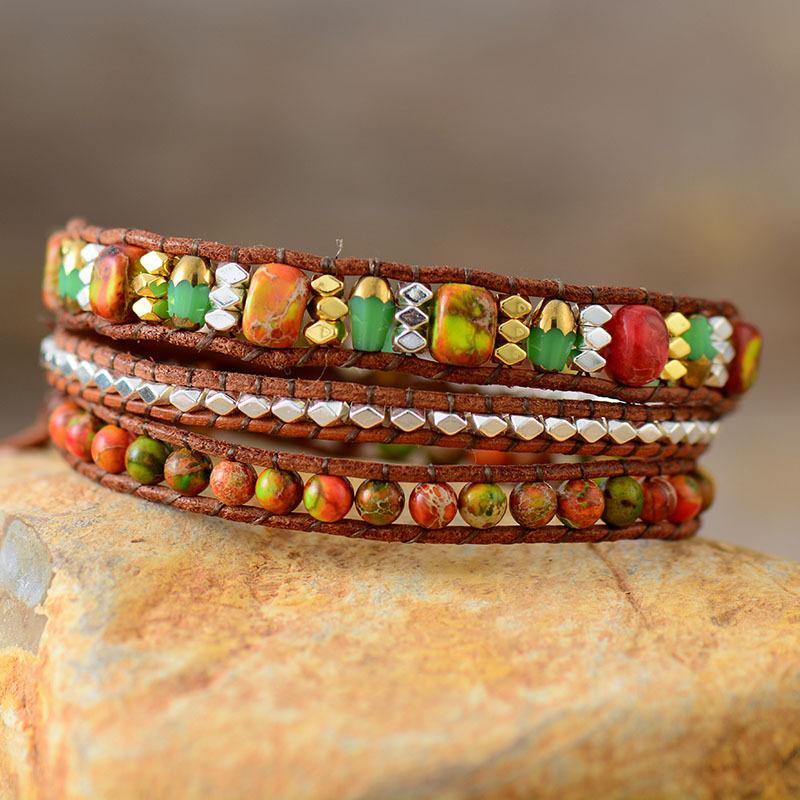Three-wrap Bracelet Featuring Purple Imperial Jasper Natural Stones, Creatively Designed and Handcrafted with Woven Leather.