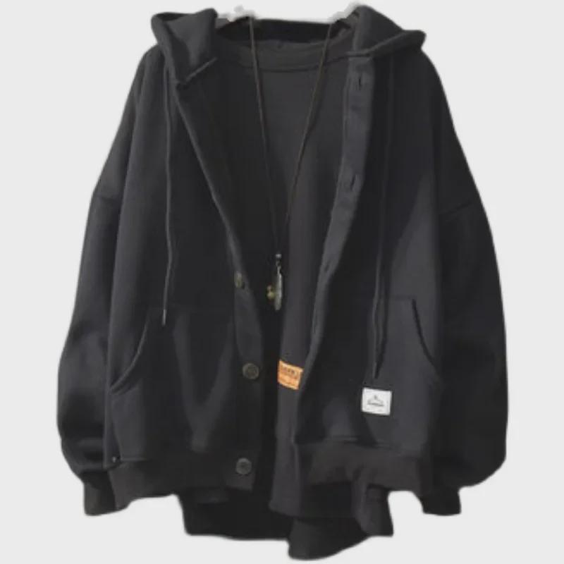 Men's Korean Style Hooded Jacket: Autumn/Winter Loose-Fit, Pocket Label Design, Trendy Button Cardigan Sweatshirt.