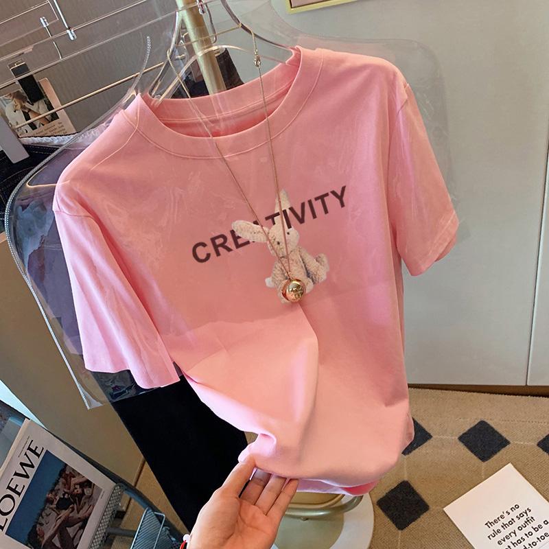 

2025 Женская розовая хлопковая футболка с коротким рукавом и принтом кролика - Летний свободный крой, Универсальный топ в стиле инс M