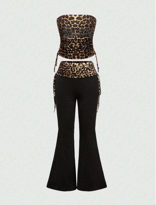 American Autumn Leopard Patchwork Y2K One-shoulder Strapless Backless Tank Top & Pants Set