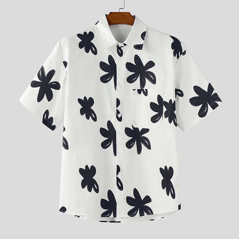 

INCERUN Мужские летние рубашки с лацканами на пуговицах, с коротким рукавом и принтом XL белый