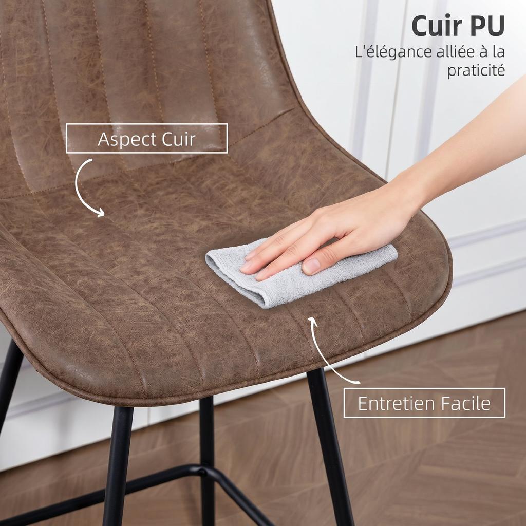 Bar Stools, Set of 2, PU Leather, Padded Seat, 68 cm High, Backrest and Footrest, Brown