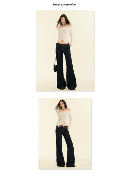 Women's Original Blue Micro-Flare Low-Rise Jeans, Autumn/Winter 2024: Trendy Slimming Wide-Leg Style