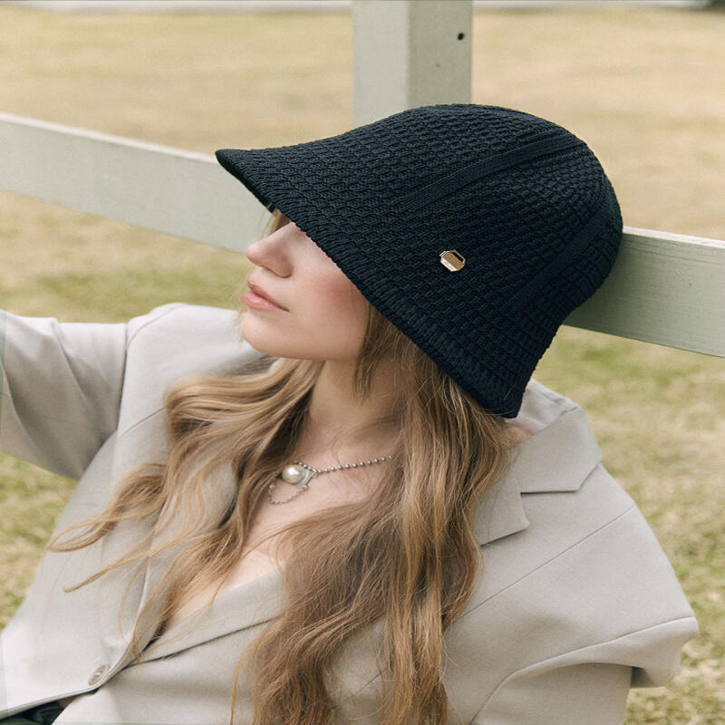 Women s Half Stripe Knit Pattern Bucket Hat Black H028 black