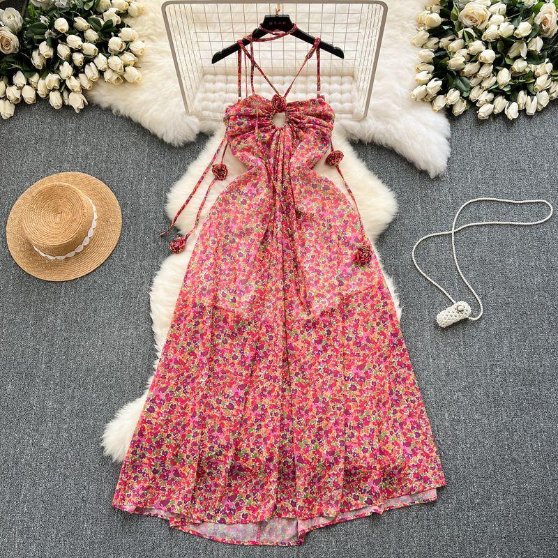 

French Style Vintage Floral A- line Dress Female Scheming Cut Out Bandeau Slim-Fit Mid Length Long Length Vacation Skirt Sling Dress Female Red M