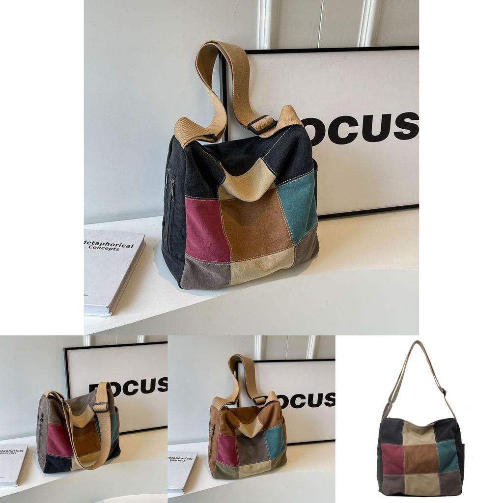 Trendy Color Stitching Canvas Tote Bag 2024 New Street Style Wide Strap Crossbody Bag