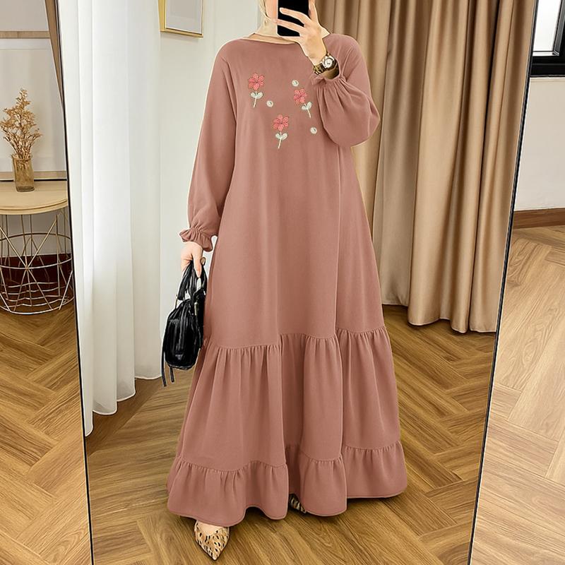 

ZANZEA Women Casual Round Neck Long Sleeve Floral Print Long Dress S камея рожевий колір