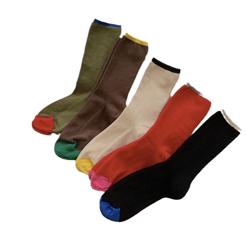 Retro Double Needle Contrast Color Mid-Tube Socks - Maillard Series